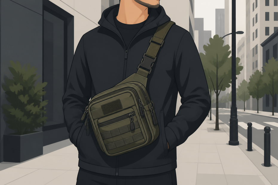 Urban street style: a person in a black hoodie rocks an olive green crossbody bag, framed by city buildings and leafy trees.
