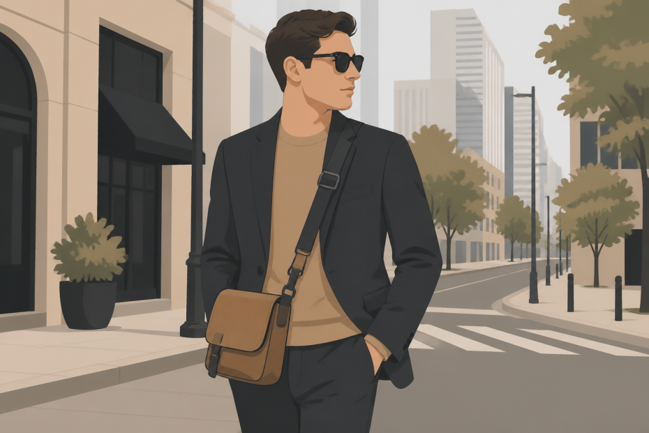 A stylish man in sunglasses, a tan shirt, and dark suit showcases urban chic with a brown shoulder bag on a tree-lined city street.