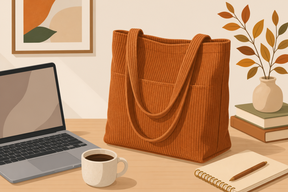 A trendy rust corduroy tote bag stylishly pairs with workspace essentials, spotlighting autumn’s must-have accessory against chic decor.