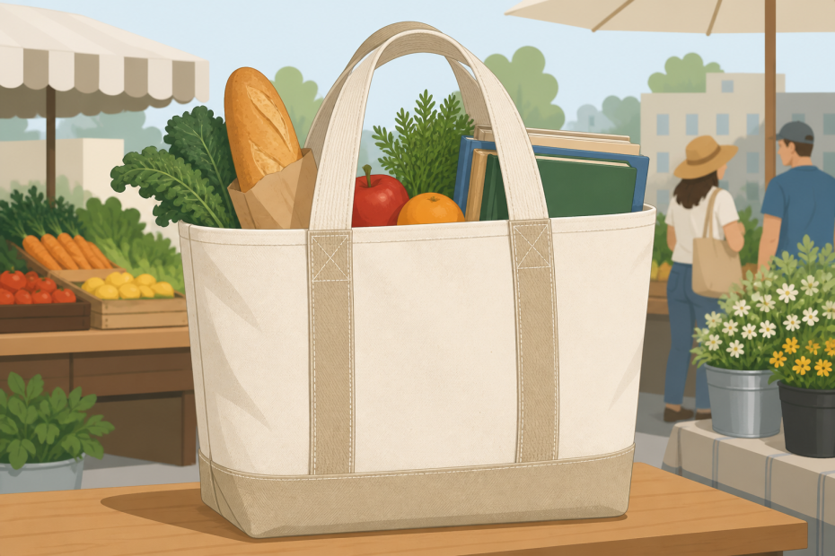 A chic canvas tote brimming with market finds—greens, baguette, fruit, and books—sits stylishly at a bustling farmers market.