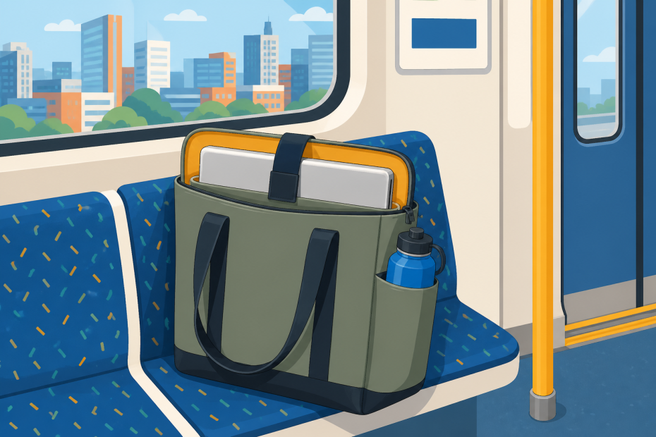Chic green tote packed with workday essentials rests on a patterned subway seat, city skyline glimpsed through the window—a stylish commuter’s must-have.