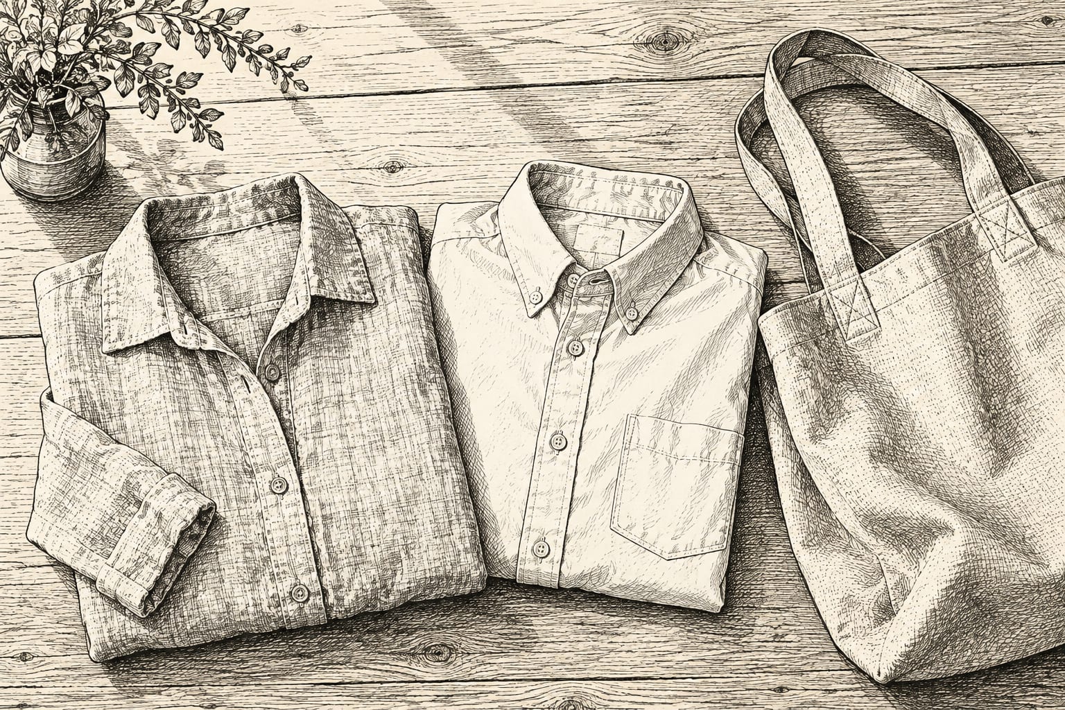 Natural-fiber garments and a canvas bag laid out