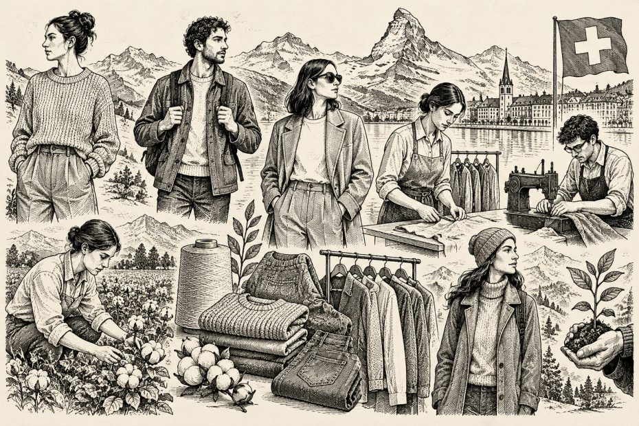 Black and white illustration detailing the fashion production journey, from raw cotton harvesting to Swiss garment tailoring.
