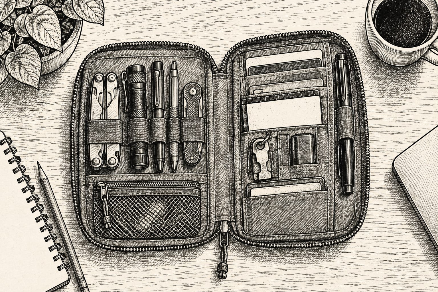 EDC organizer with small gear neatly arranged