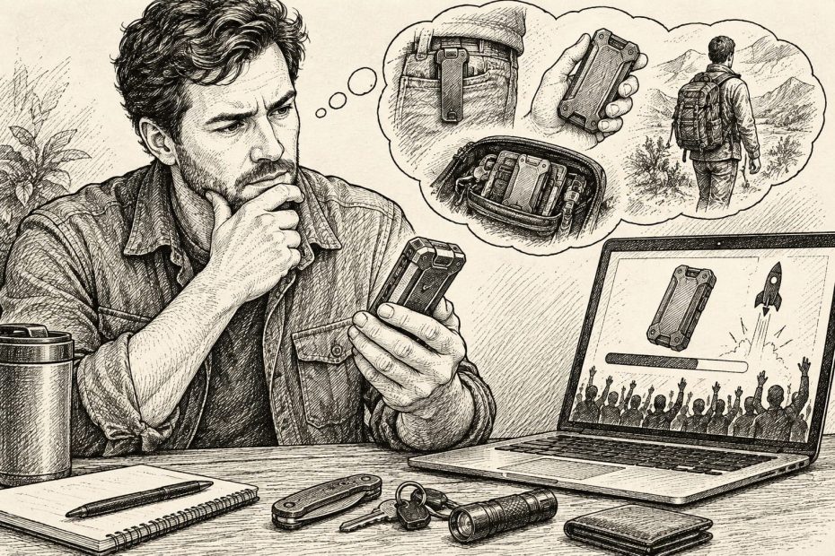 A man at a desk evaluates his rugged smartphone, highlighting a trend in functional tech accessories that blend portability and style.