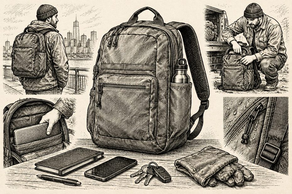 Etched illustration of a versatile everyday backpack, styled for daily carry with essentials like a notebook, keys, and gloves.