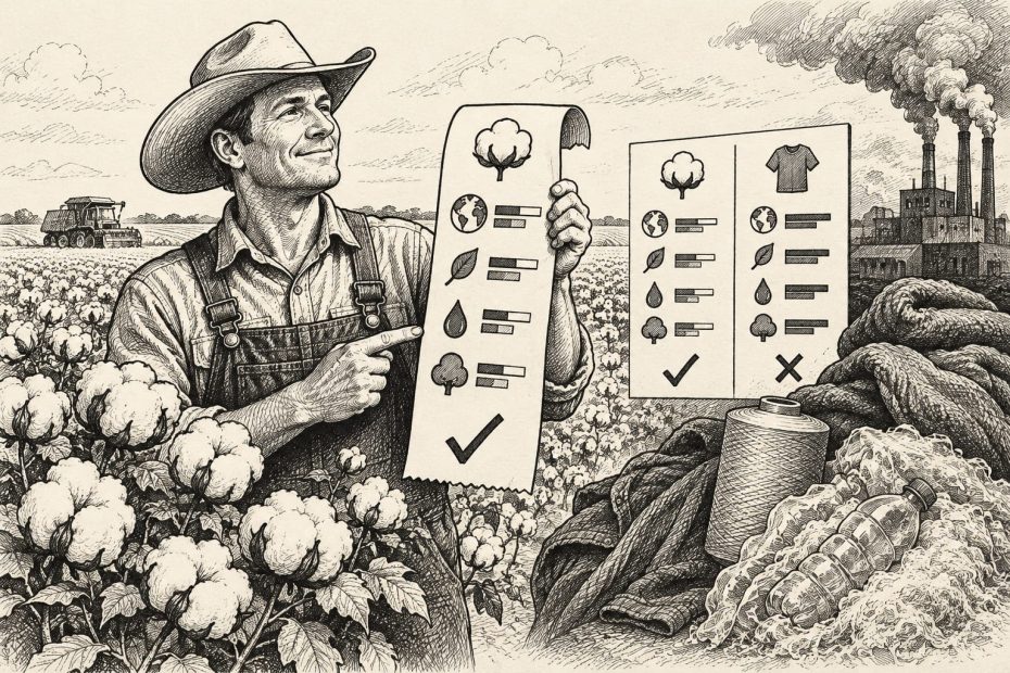 A farmer in a field compares the environmental impact of raw cotton versus synthetic textiles for sustainable fashion.