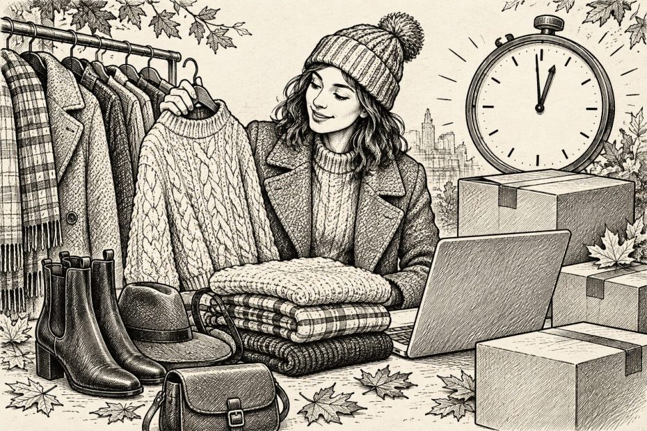 A woman in a cozy pom-pom beanie and coat browses for fall sweaters online, surrounded by seasonal boots and shipping boxes.