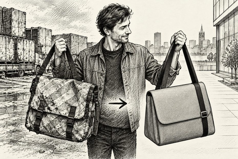 A stylish man in a denim jacket showcases urban fashion by holding a patterned messenger bag alongside a sleek solid version.