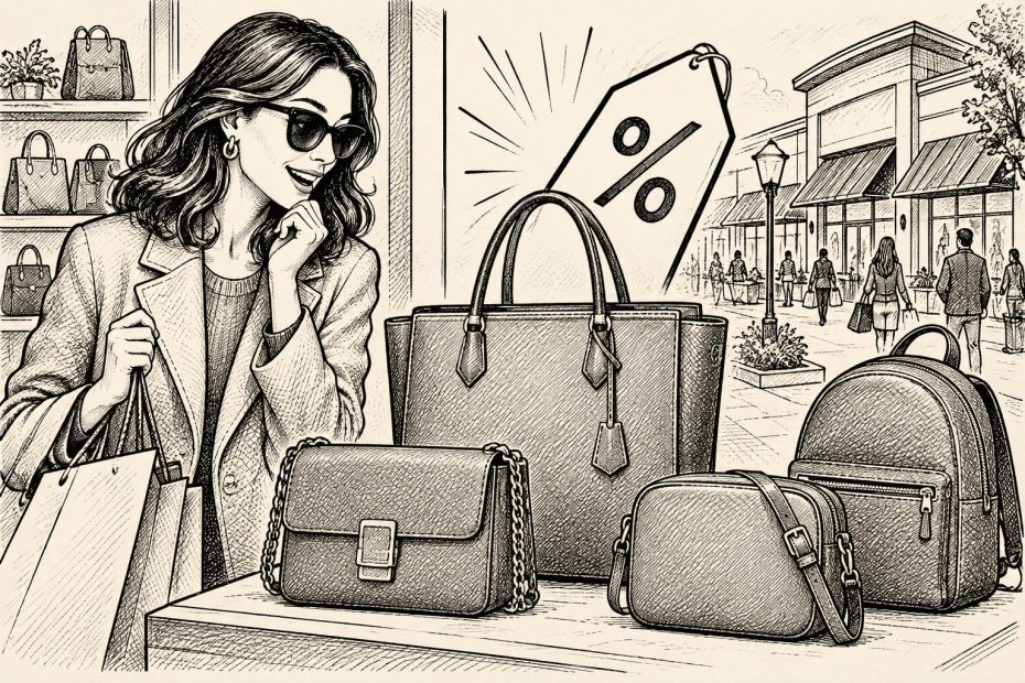 A stylish woman window shops a curated display of designer handbags, perfectly timed for a chic seasonal sale event.