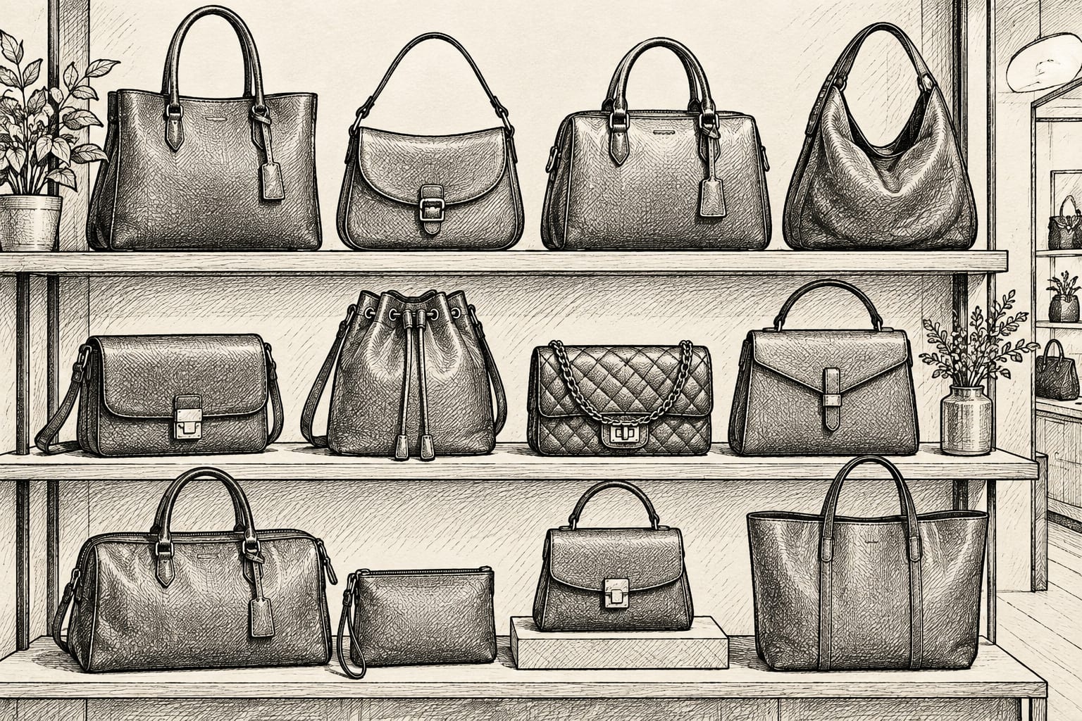 Handbags displayed on a retail shelf