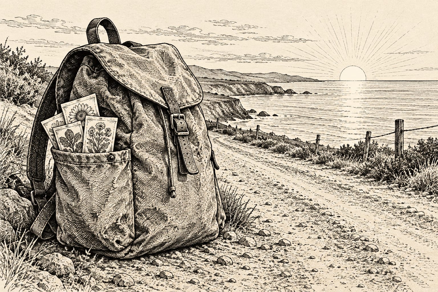 A traveler's backpack and seeds on a coastal road.