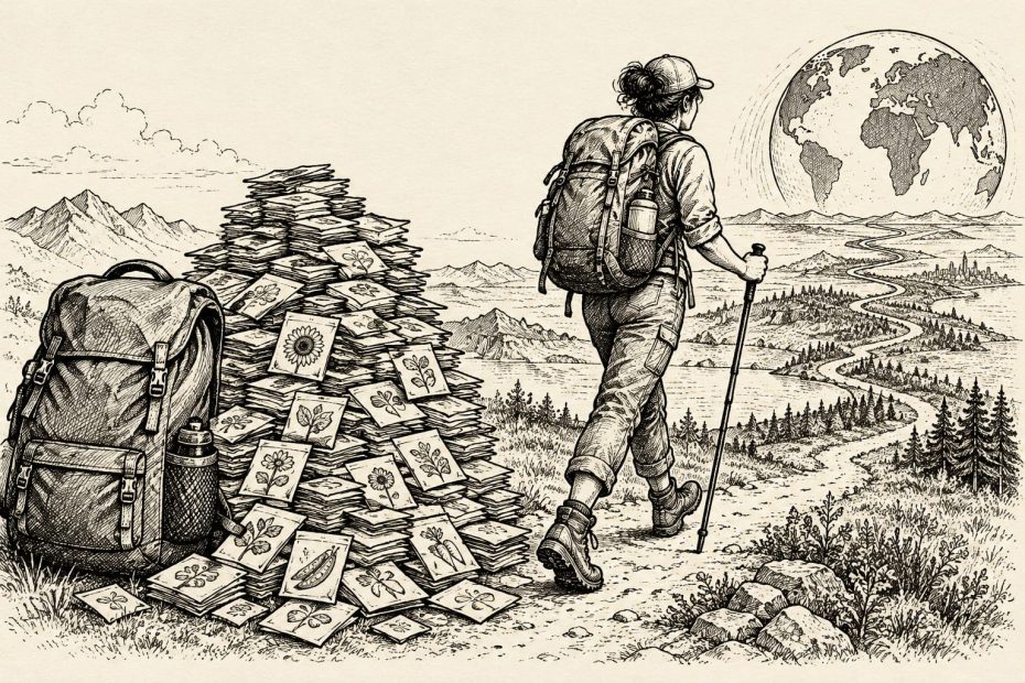 A hiker in functional trekking gear and a large pack walks past a stack of seed packets toward a distant globe.