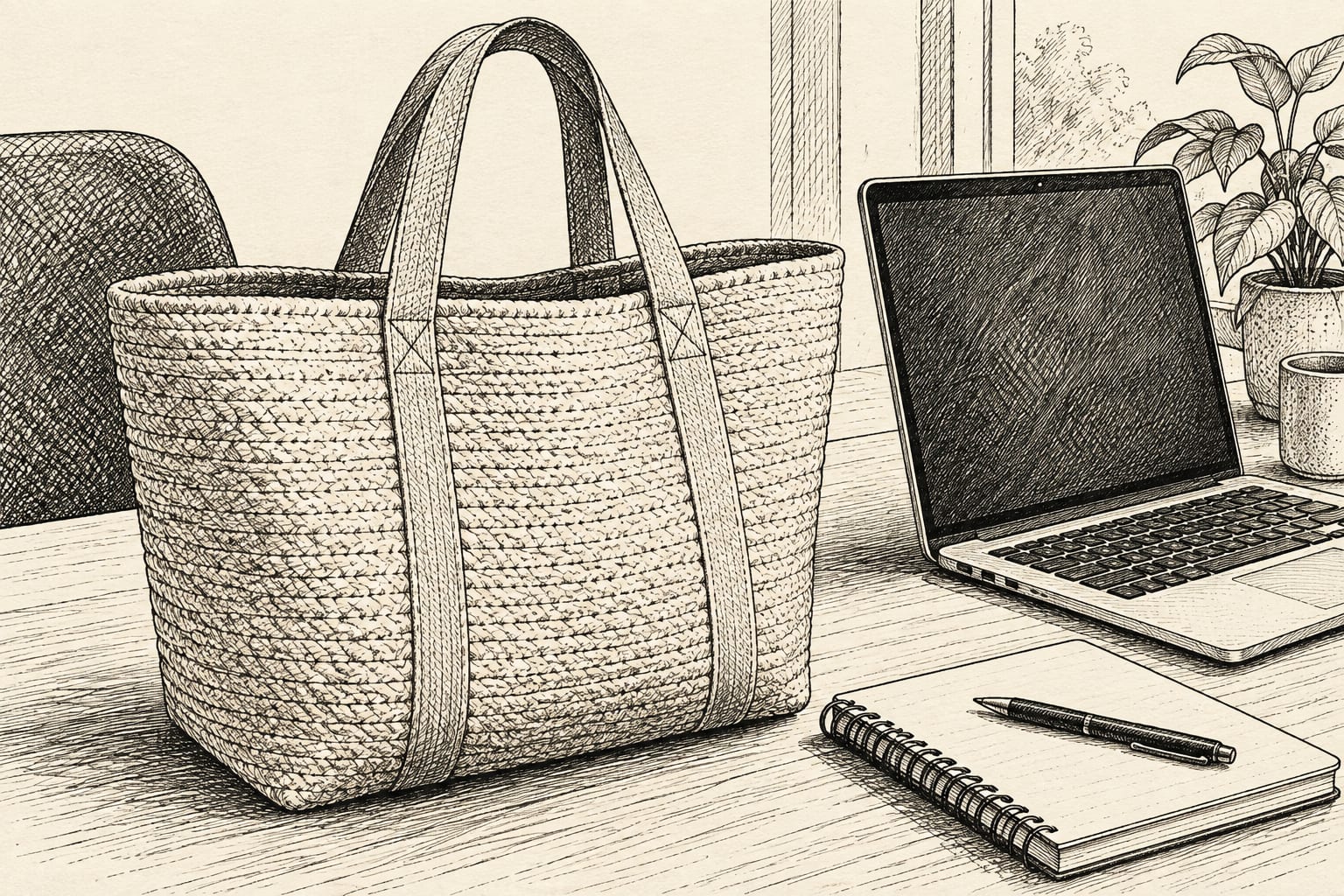 A sustainably made work tote bag on a desk.