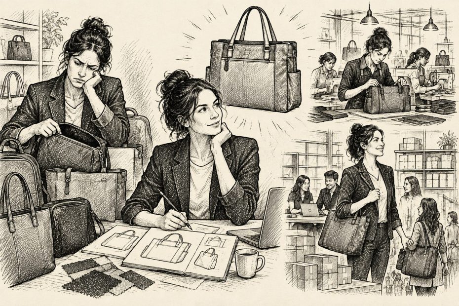 A multi-paneled sketch illustrating the journey of a stylish professional tote bag, from initial design to factory production.