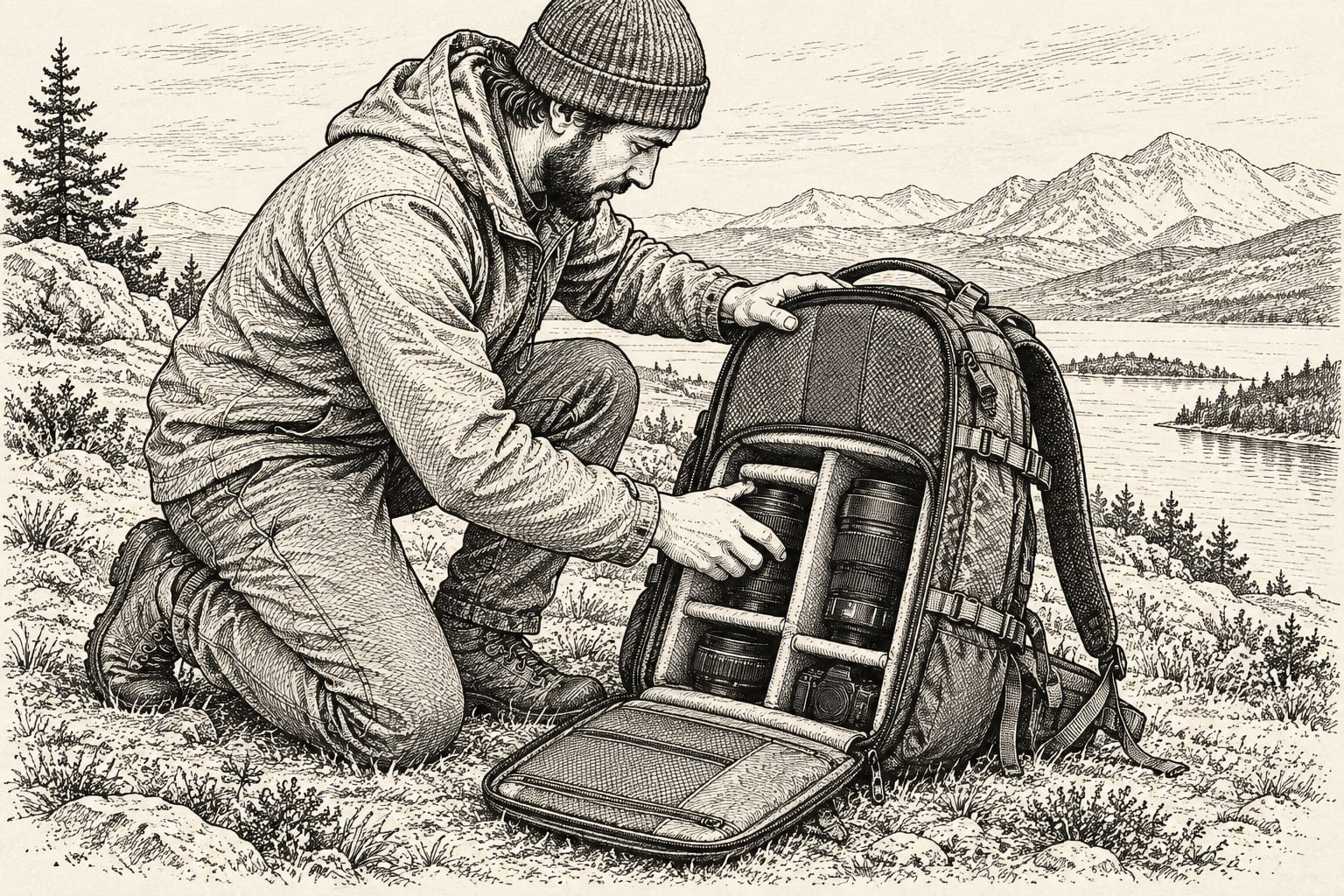 Photographer accesses camera gear from backpack's back compartment