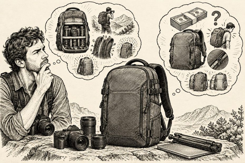 A photographer weighs a sleek professional camera backpack against a budget-friendly bag, blending functional style with utility.