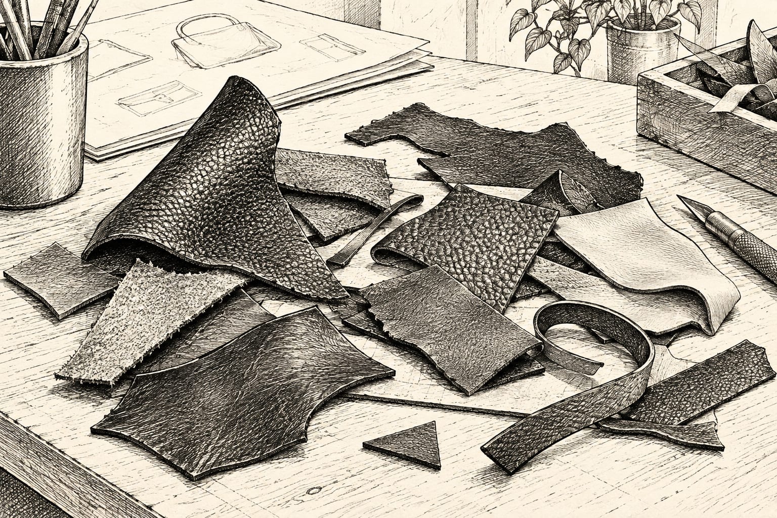 Leftover leather scraps ready for reuse in design