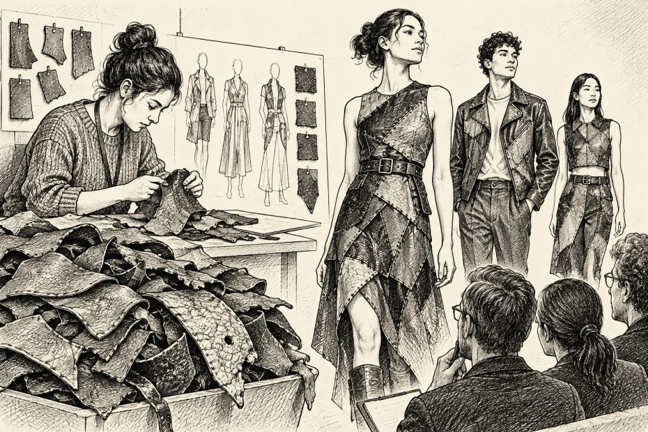 A fashion designer crafts a leather piece in a studio as models showcase trendy patch-leather designs to an audience.