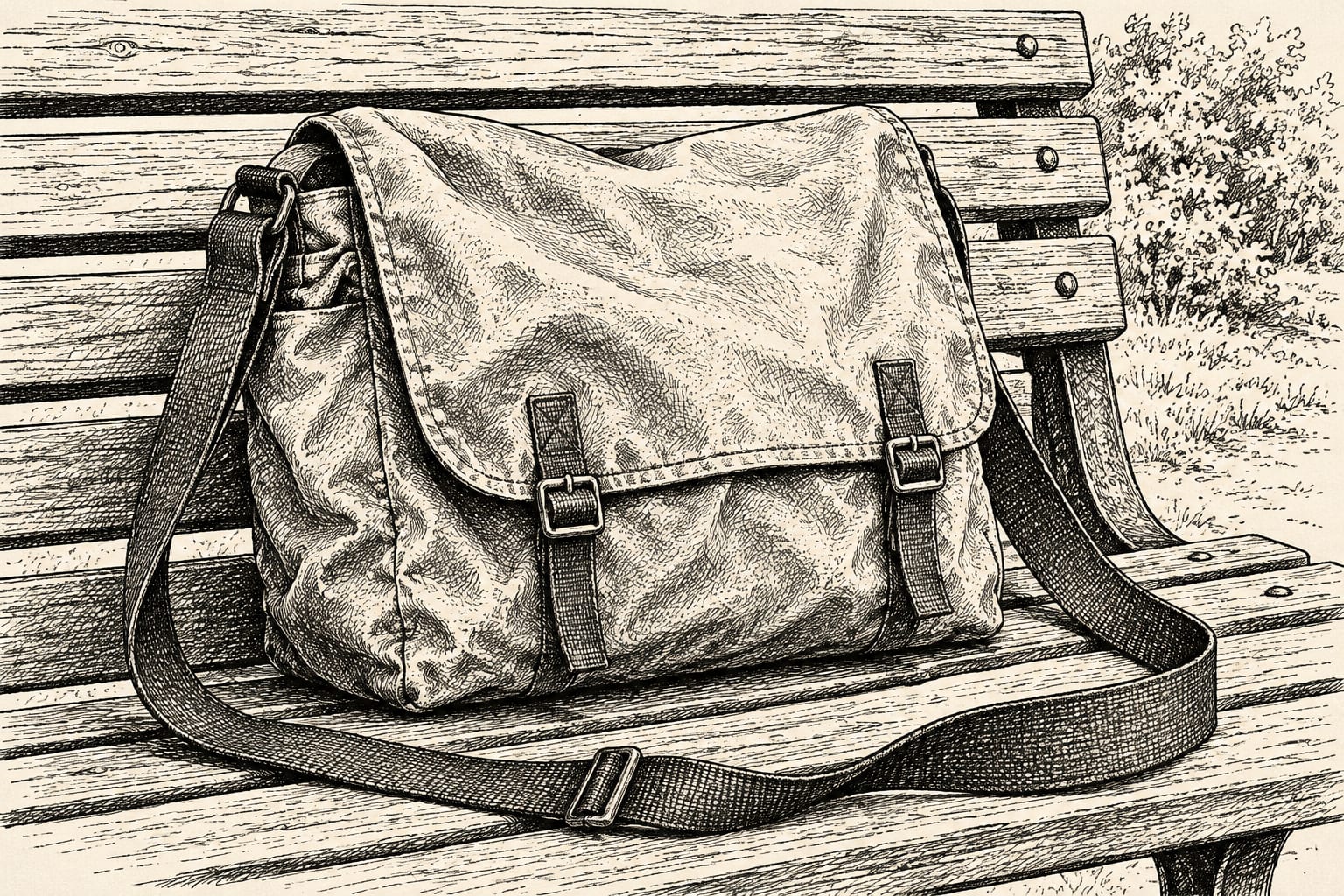 Worn canvas messenger bag shows practical, durable design.