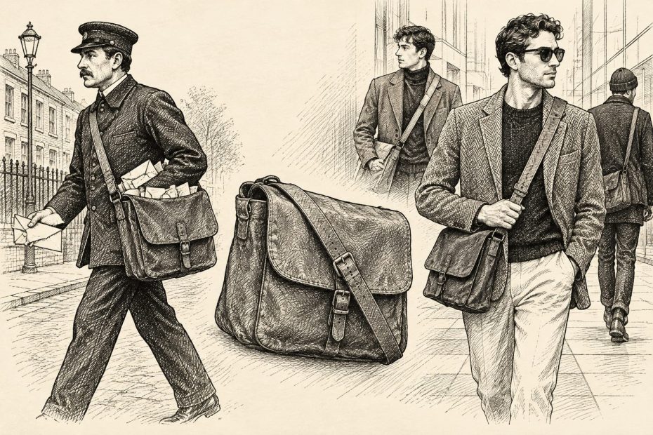 A pencil sketch juxtaposing a historical mail carrier with modern men sporting timeless leather messenger bag fashion.