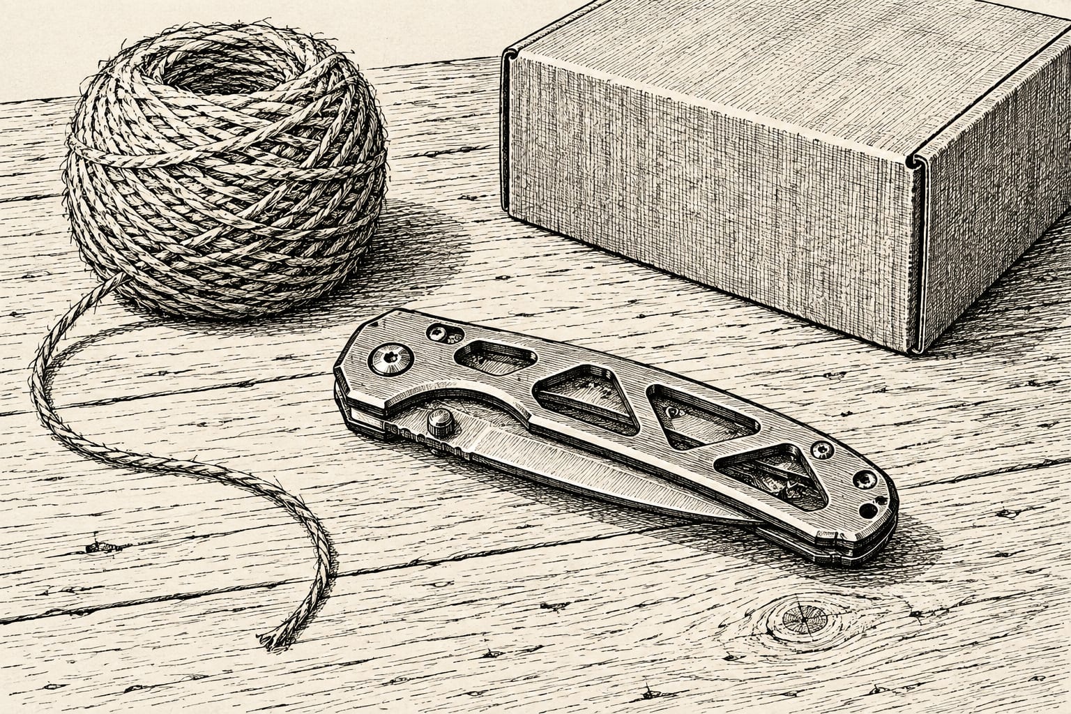 Compact folding knife beside twine and cardboard