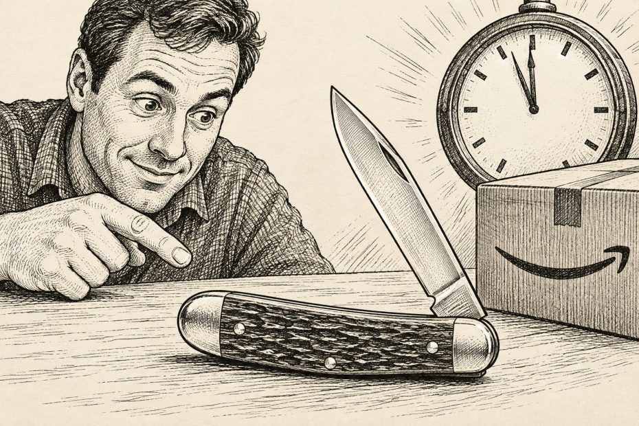 A man gestures toward an open pocket knife, a stylish EDC essential, resting on a table beside a shipping box and a clock.