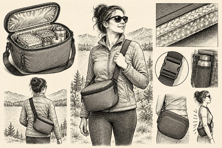Chic model in a quilted jacket wears a versatile crossbody cooler bag, showcasing both its trendy style and interior storage.