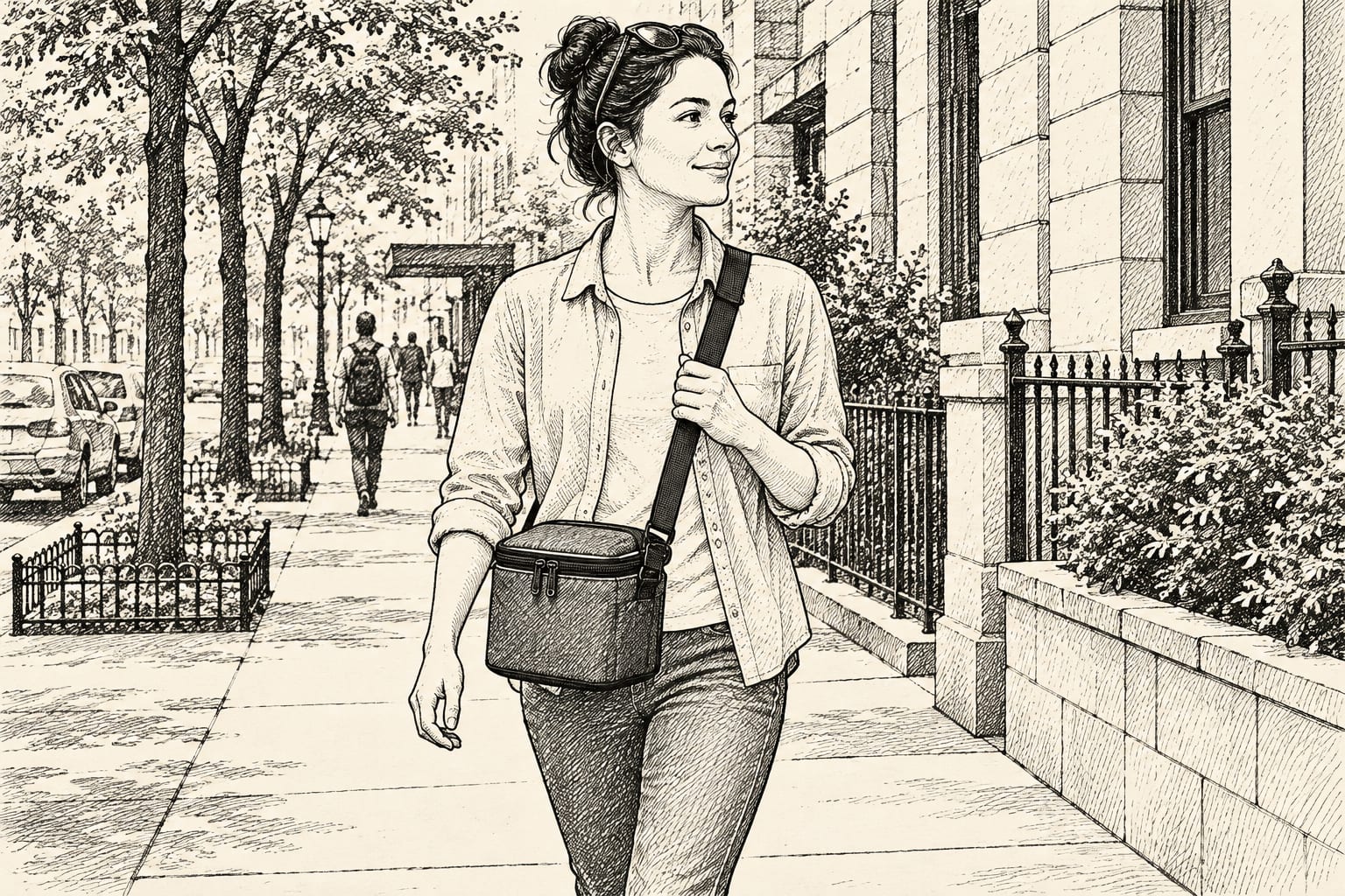 Hands-free crossbody cooler bag worn while commuting