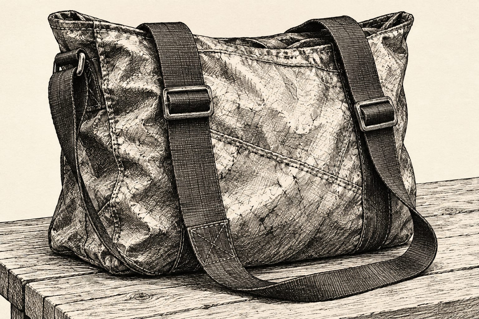 Upcycled truck tarp bag showing seams and straps
