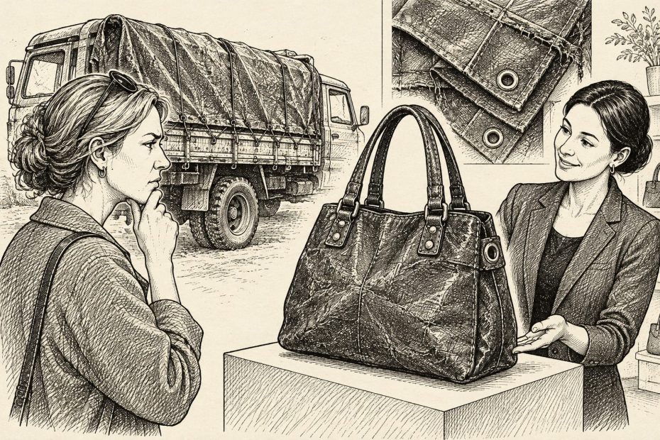 A chic shopper explores a textured leather tote with a sales associate, featuring a close-up of the bag’s metallic hardware.