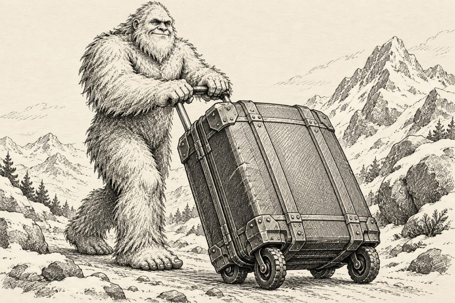 A stylish yeti treks a snowy mountain trail, accessorizing his look with a large, heavy-duty rolling suitcase.